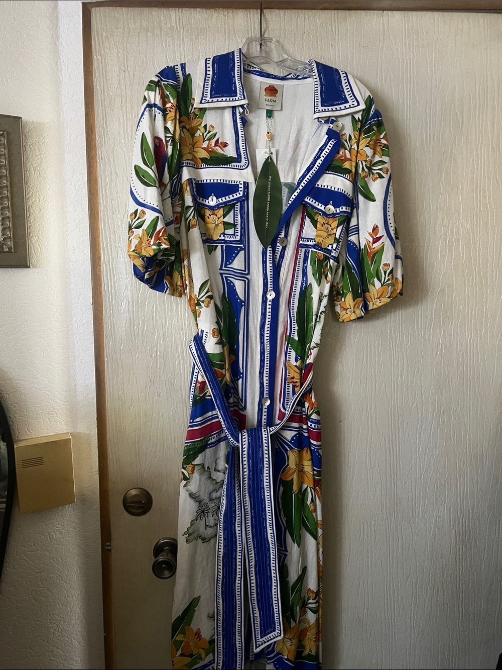 FARM Rio White Maxi Dress with Blue Trim and Yellow Floral Print - Picture 4 of 6